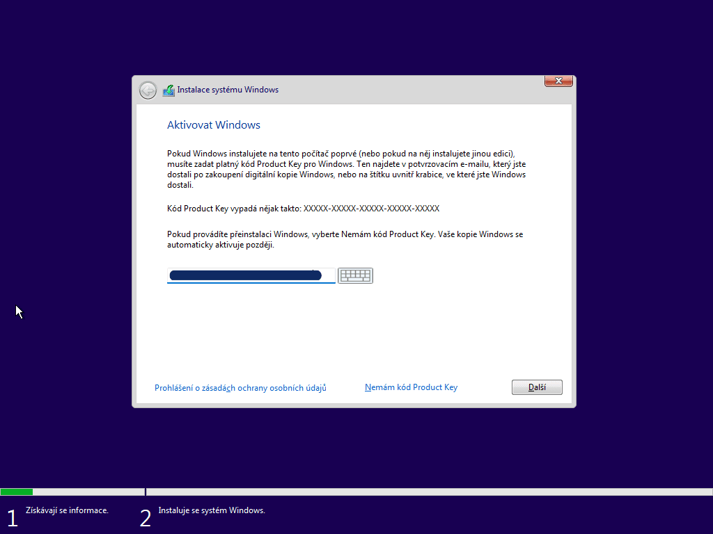 Aktivace Windows (zadání produktového klíče)