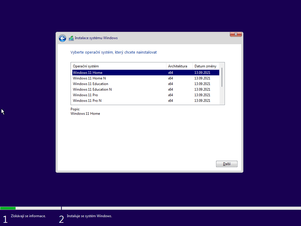Výběr verze systému - instalace Windowsu