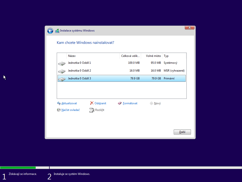 Výběr disku a instalace Windows - 1. část