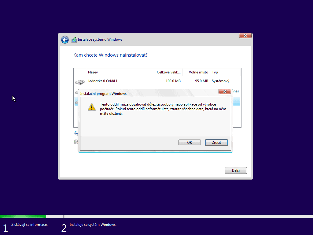 Výběr disku a instalace Windows - 2. část